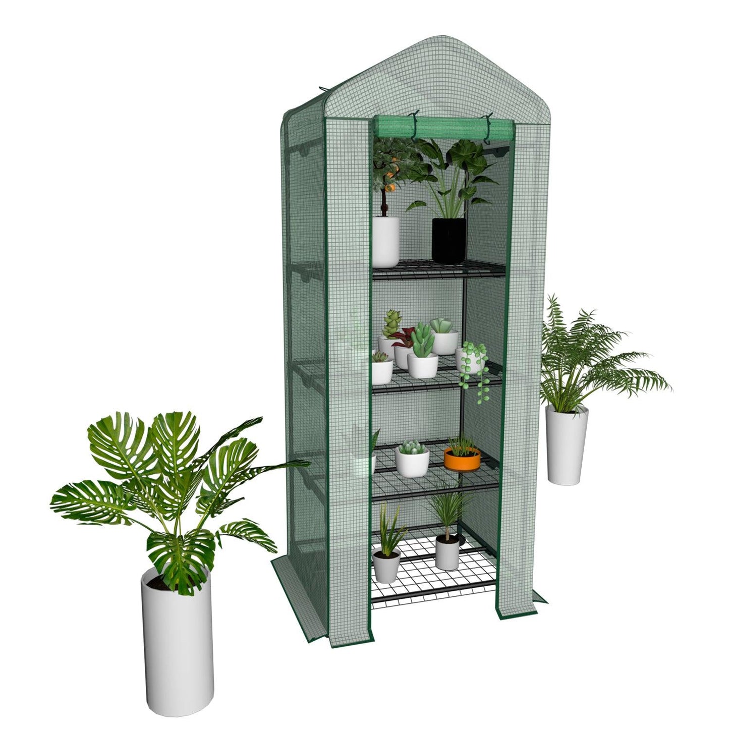 4-Tier Mini Greenhouse on Casters, Gardening Plant Greenhouse, Sturdy Gardening Shelves with PVC Cover and Rolling Zipper Door, Green