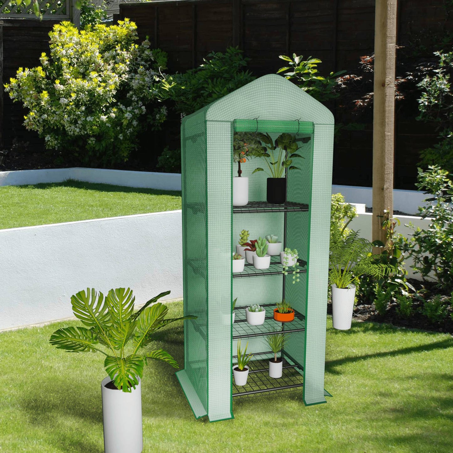 4-Tier Mini Greenhouse on Casters, Gardening Plant Greenhouse, Sturdy Gardening Shelves with PVC Cover and Rolling Zipper Door, Green