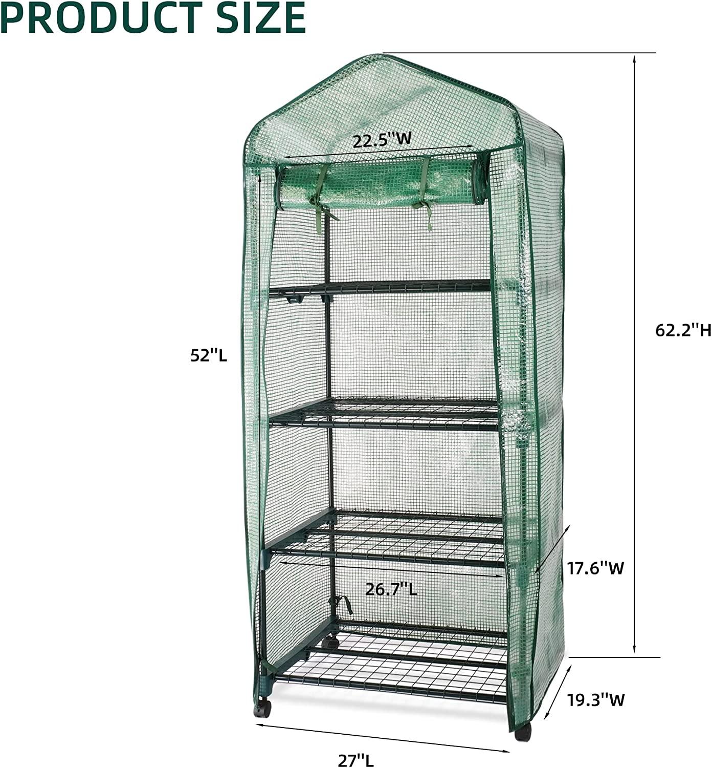 4-Tier Mini Greenhouse on Casters, Gardening Plant Greenhouse, Sturdy Gardening Shelves with PVC Cover and Rolling Zipper Door, Green