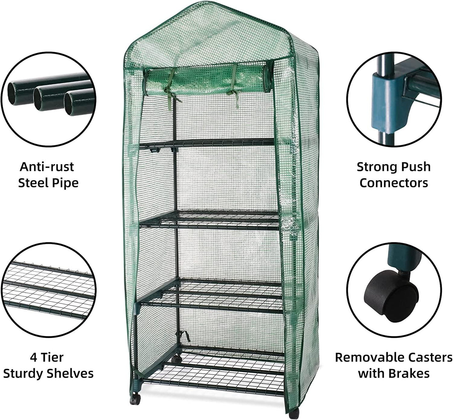 4-Tier Mini Greenhouse on Casters, Gardening Plant Greenhouse, Sturdy Gardening Shelves with PVC Cover and Rolling Zipper Door, Green