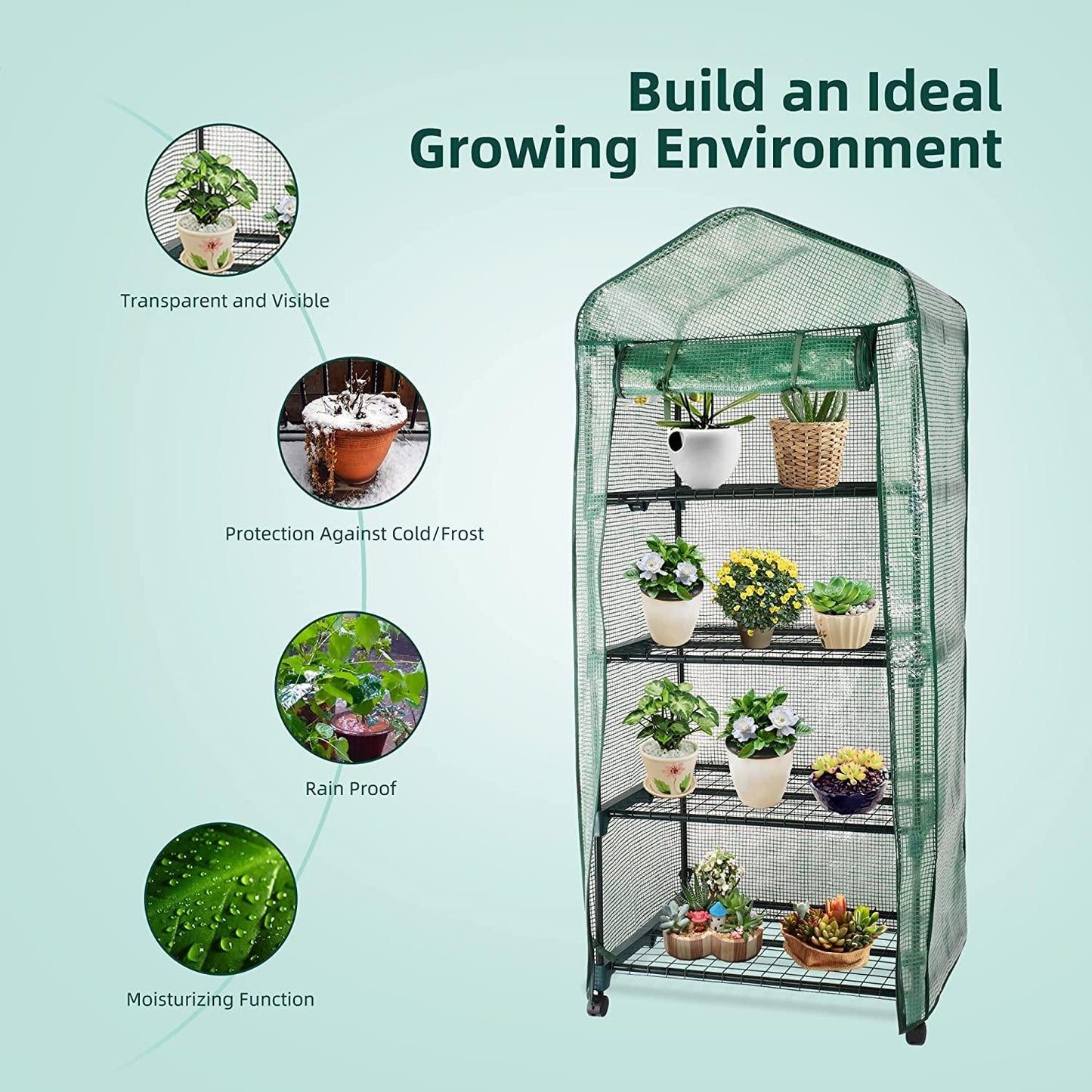 4-Tier Mini Greenhouse on Casters, Gardening Plant Greenhouse, Sturdy Gardening Shelves with PVC Cover and Rolling Zipper Door, Green