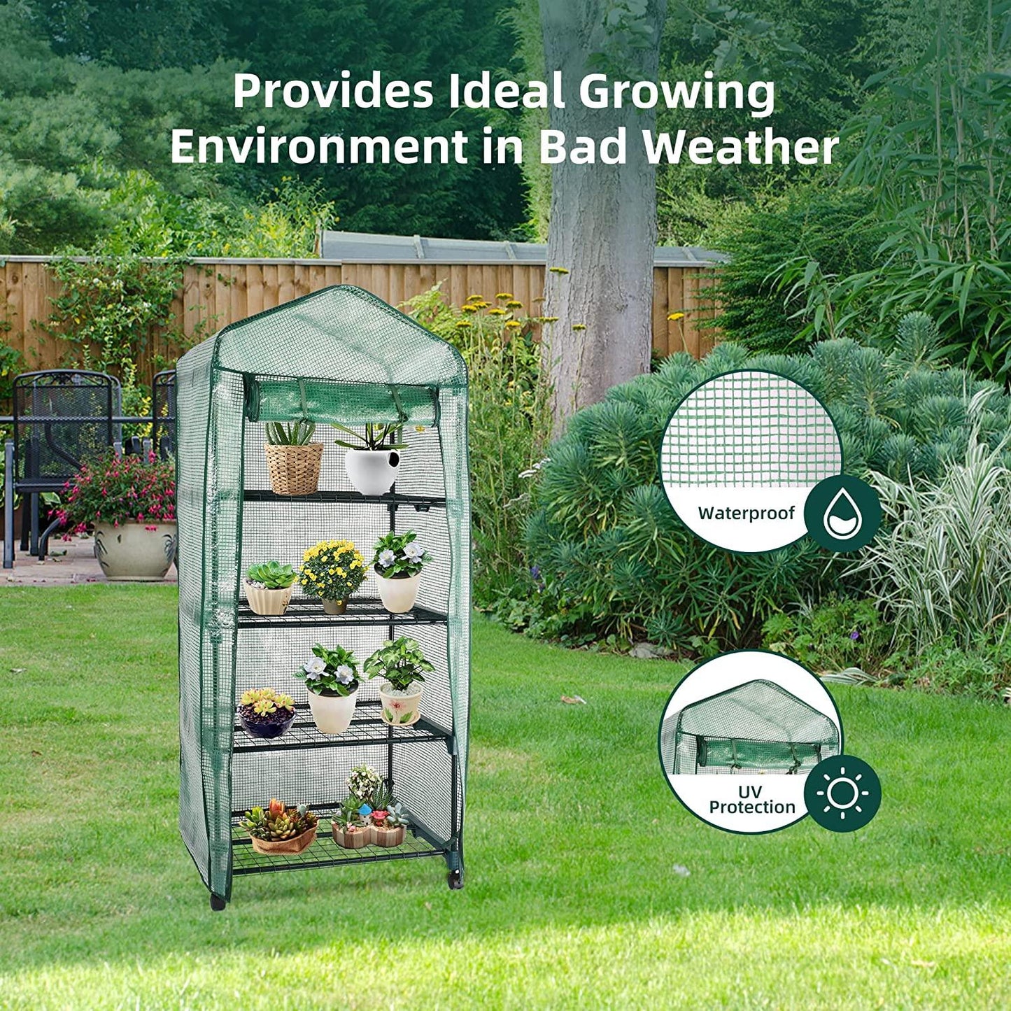 4-Tier Mini Greenhouse on Casters, Gardening Plant Greenhouse, Sturdy Gardening Shelves with PVC Cover and Rolling Zipper Door, Green